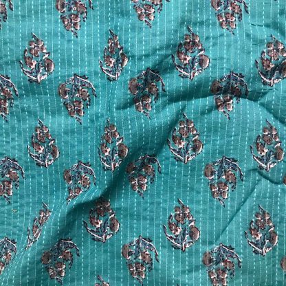 Grey Floral Teal Blue Cotton Katha Fabric