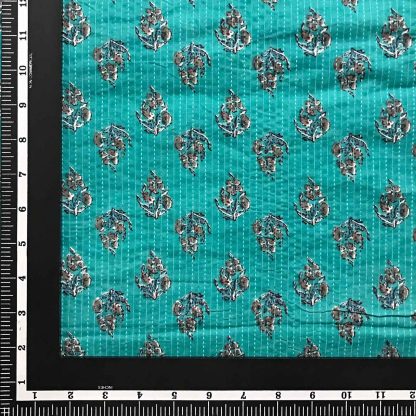 Grey Floral Teal Blue Cotton Katha Fabric