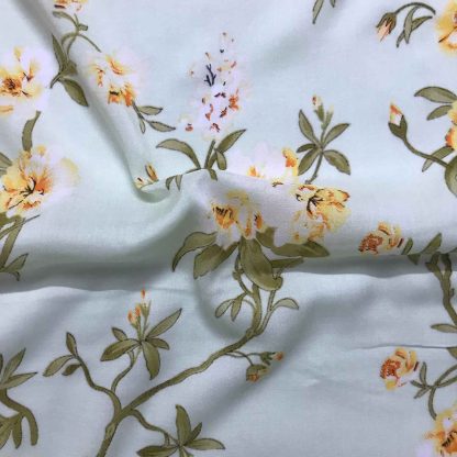Pastel Green Flowers Hand Screen Printed Cotton Modal Fabric