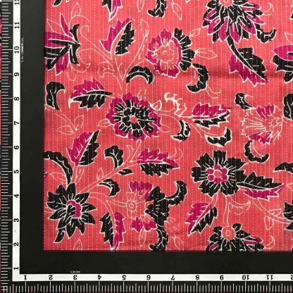 Pink Black Flower Peach Pink Cotton Katha Fabric