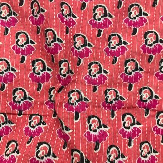 Pink Floral Peach Pink Cotton Katha Fabric