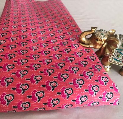 Pink Floral Peach Pink Cotton Katha Fabric