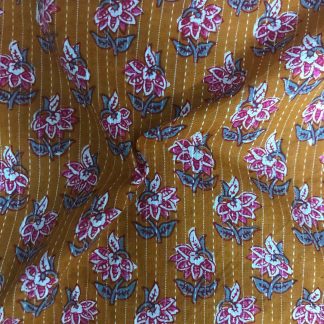 Pink Flowers Brown Cotton Katha Fabric