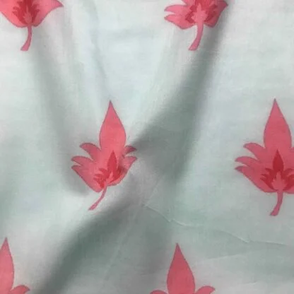 Pink Leaves Teal Blue Voile Fabric