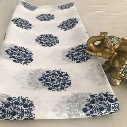 Royal Blue Floral White Cotton Voile Fabric