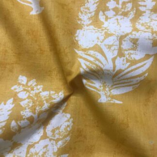 White Floral Motif Mustard Yellow Cotton Cambric Fabric
