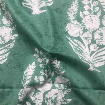 White Floral Motif Teal Green Cotton Cambric Fabric