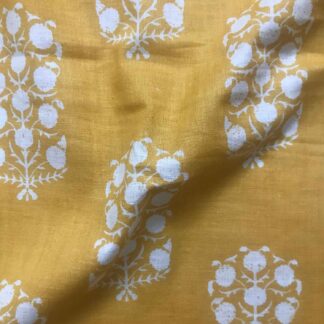 White Floral Small Motif Mustard Yellow Cotton Cambric Fabric