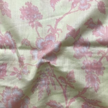 Pink Flowers Printed Light Yellow Voile Fabric