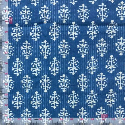 abstract motif blue cotton katha fabric
