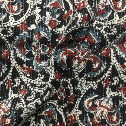 multi floral black cotton katha fabric