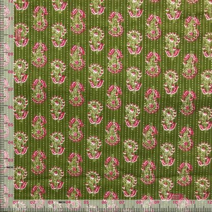 pink floral green cotton katha fabric