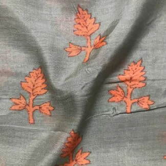 orange leaves metallic grey viscose muslin fabric