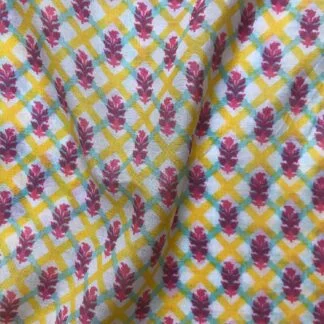 pink flowers yellow viscose muslin fabric