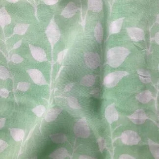 white leaves green viscose muslin fabric