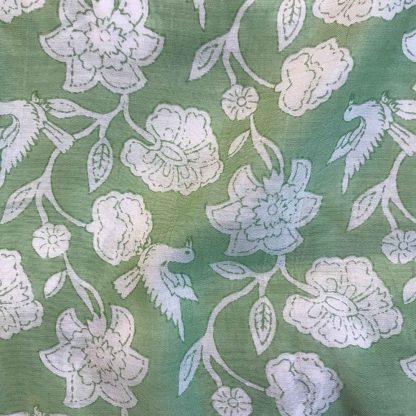 white florals bird green muslin silk fabric