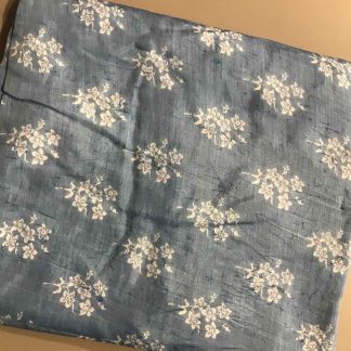 white floral metallic blue muslin silk fabric