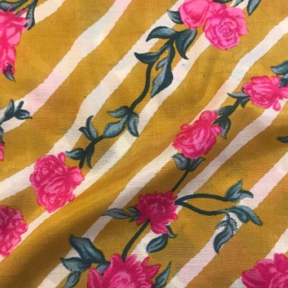 pink roses white lines yellow muslin silk fabric