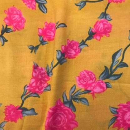 pink roses yellow muslin silk fabric