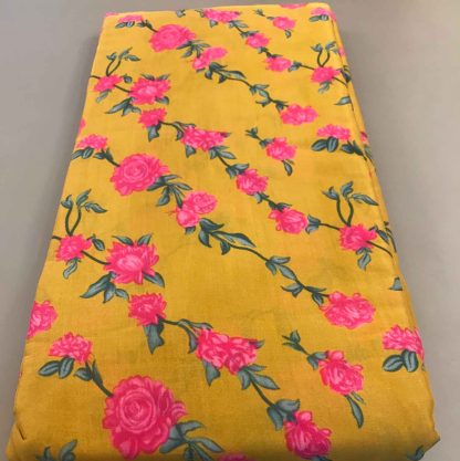 pink roses yellow muslin silk fabric