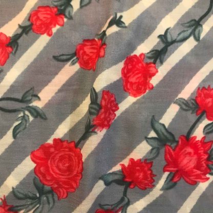 red roses white lines gray muslin silk fabric