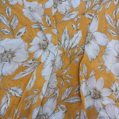 white florals mustard yellow poly georgette fabric
