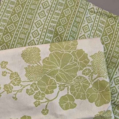 Mehndi Green Florals & Stripes Cotton Fabric Combo