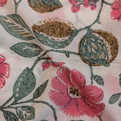 pink floral green leaves cotton fabric