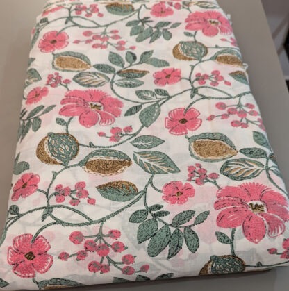 pink floral green leaves cotton fabric