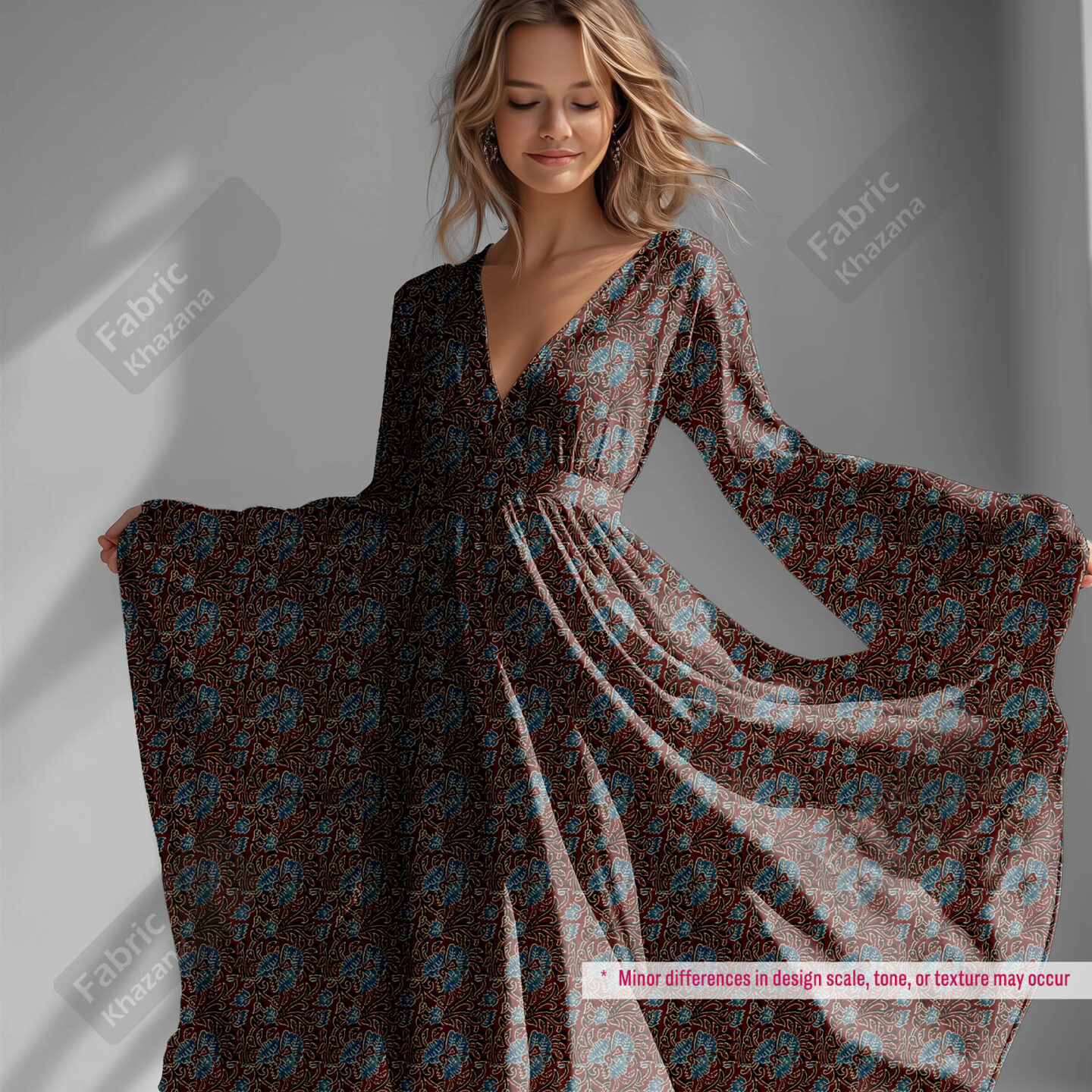 Premium Maroon Printed Polyester Fabric with Blue Floral Pattern