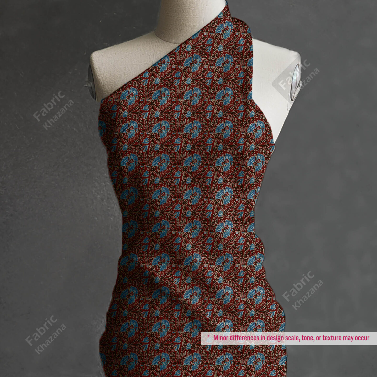 Premium Maroon Printed Polyester Fabric with Blue Floral Pattern