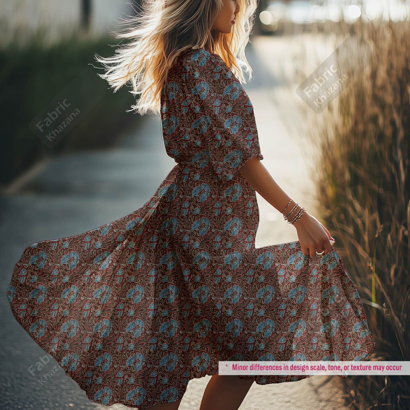 Premium Maroon Printed Polyester Fabric with Blue Floral Pattern