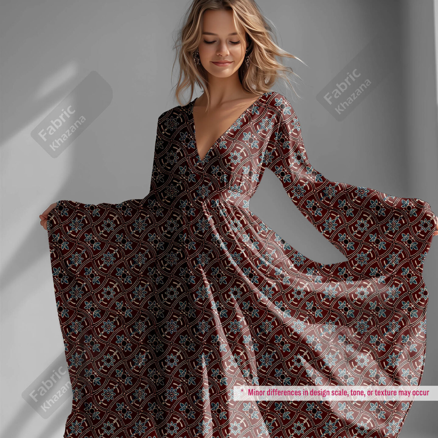 Premium Maroon Printed Polyester Fabric with Blue and Beige Floral Pattern