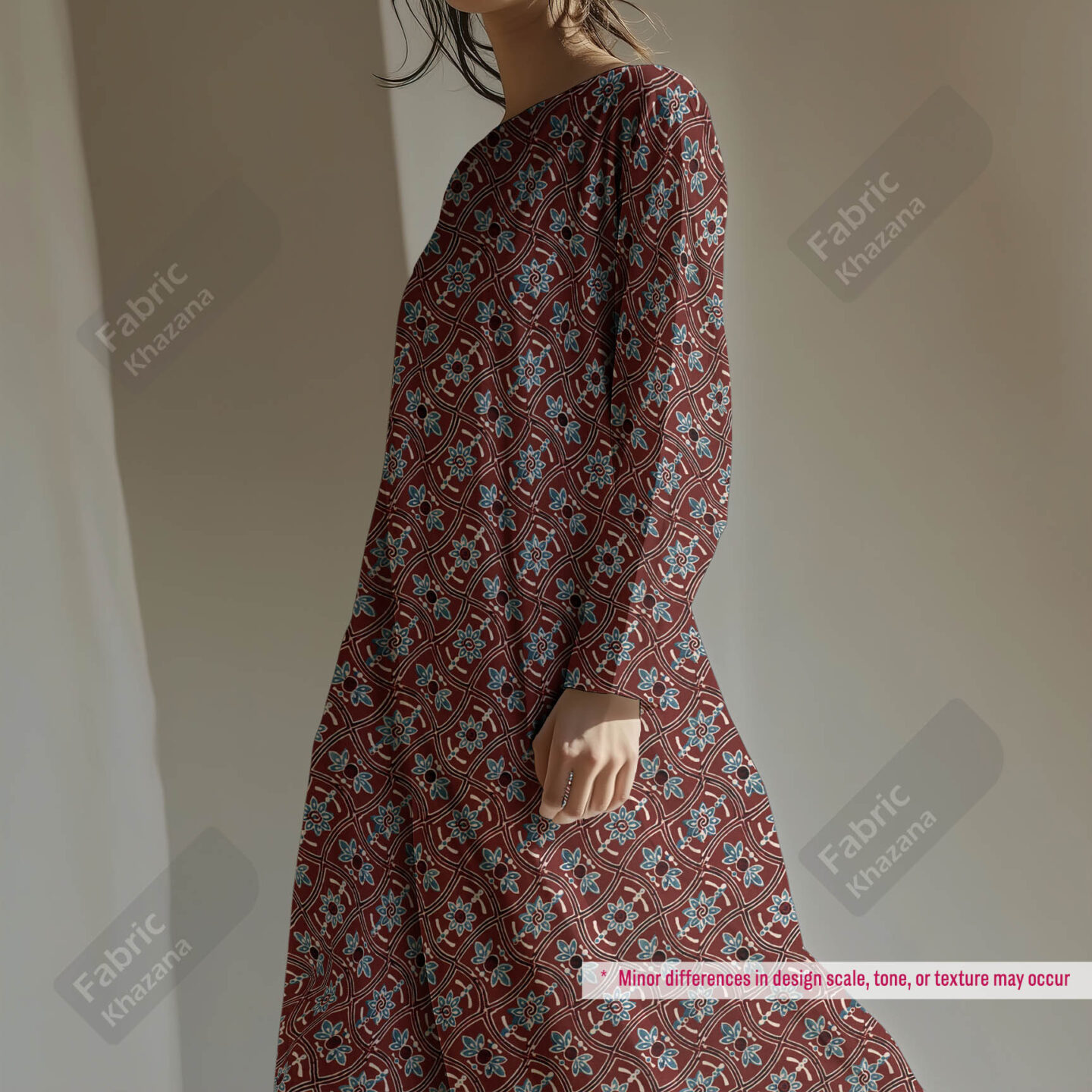 Premium Maroon Printed Polyester Fabric with Blue and Beige Floral Pattern