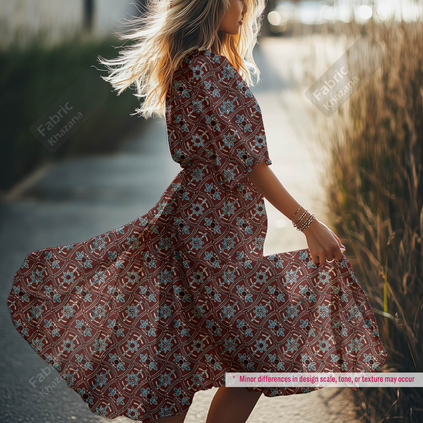 Premium Maroon Printed Polyester Fabric with Blue and Beige Floral Pattern