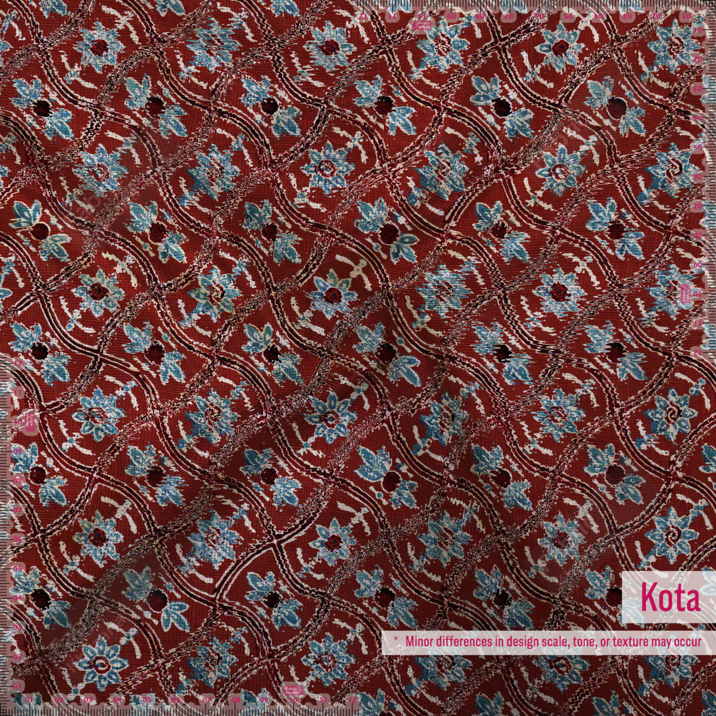 Premium Maroon Printed Polyester Fabric with Blue and Beige Floral Pattern
