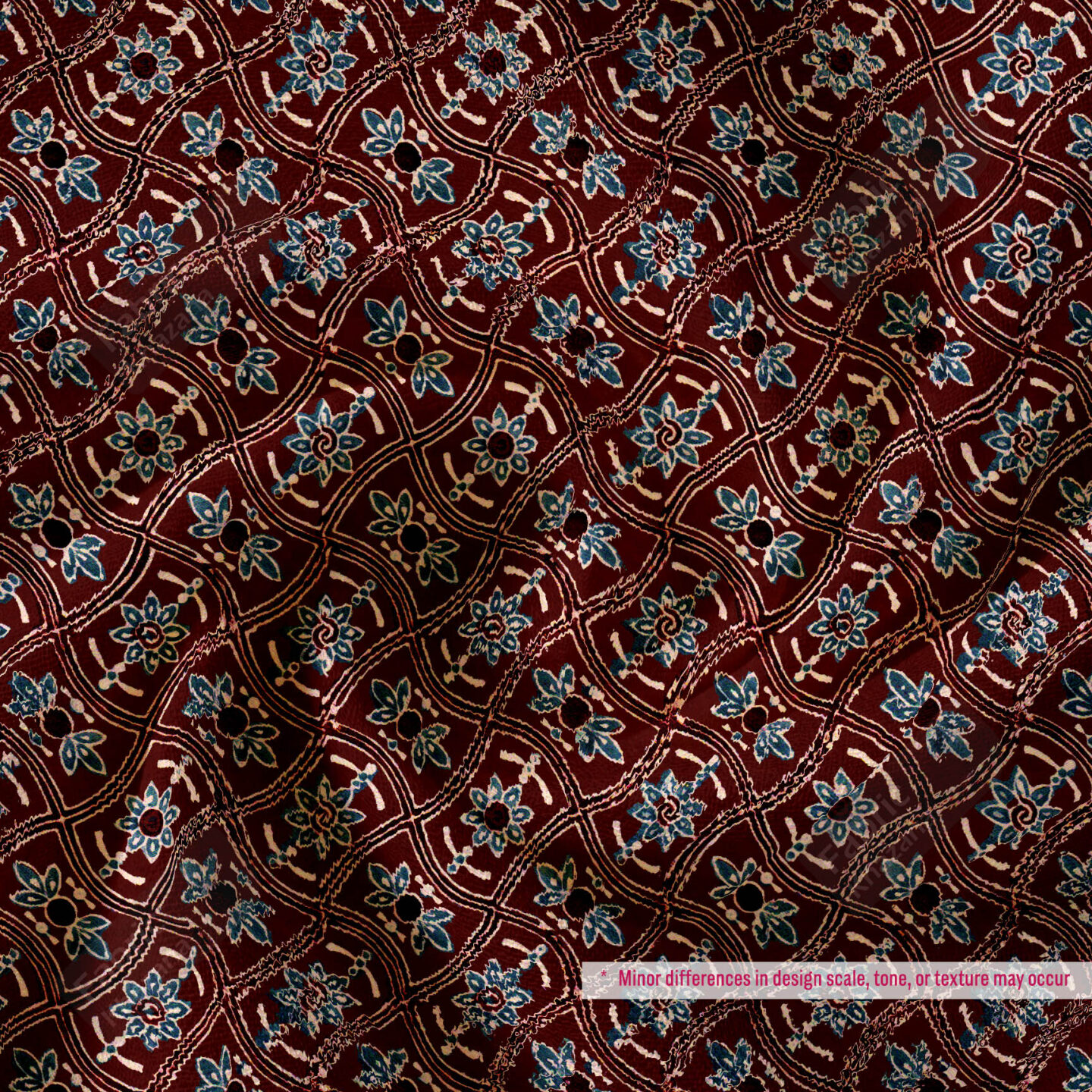 Premium Maroon Printed Polyester Fabric with Blue and Beige Floral Pattern