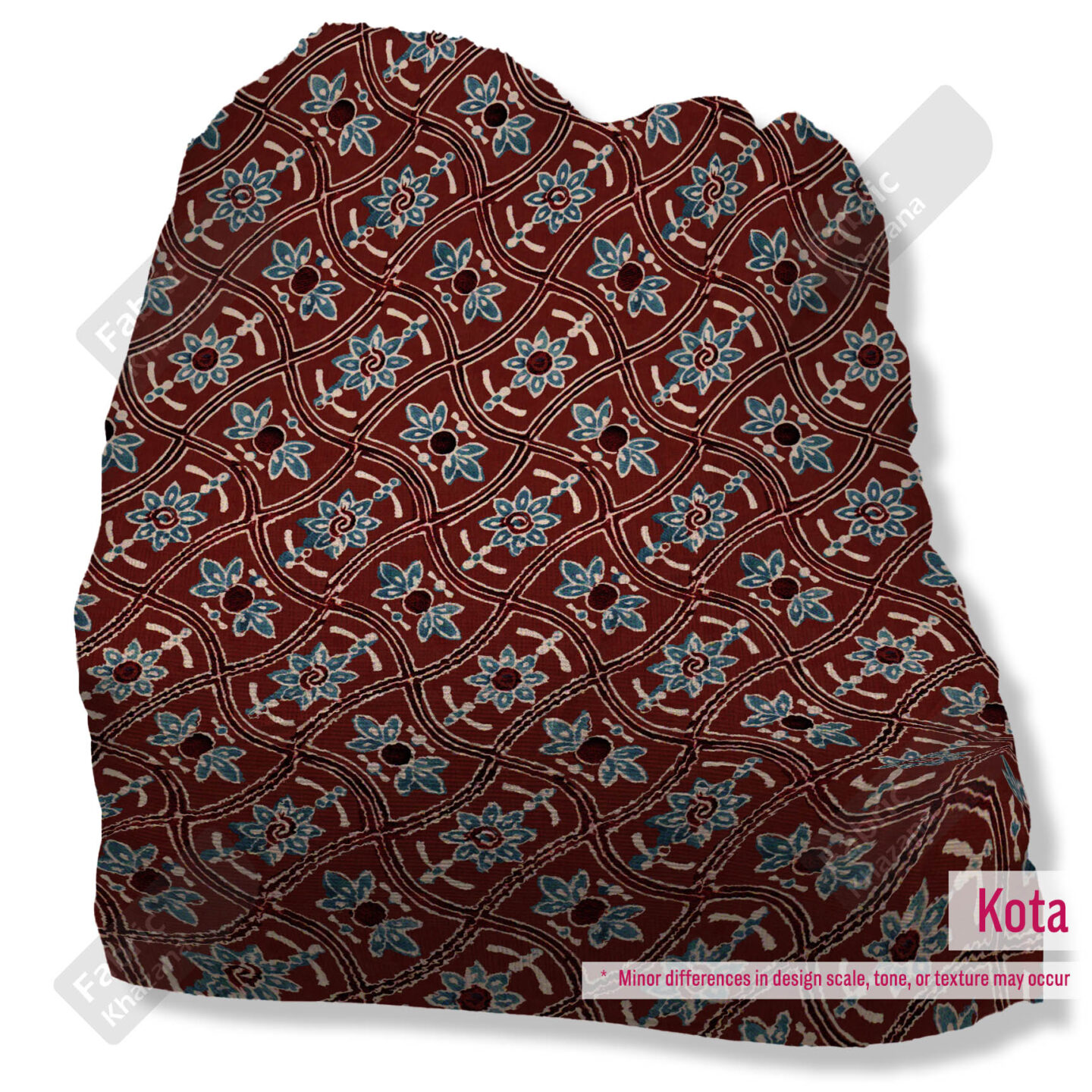 Premium Maroon Printed Polyester Fabric with Blue and Beige Floral Pattern