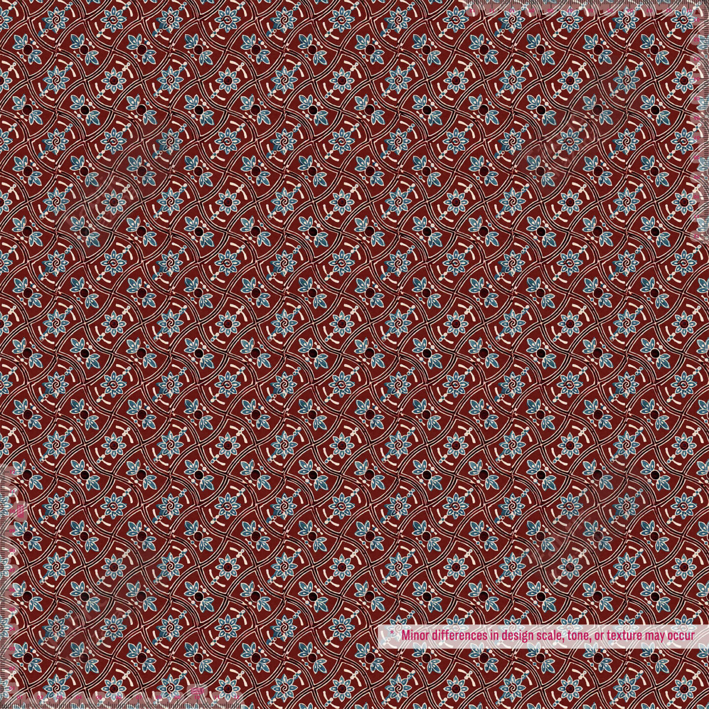 Premium Maroon Printed Polyester Fabric with Blue and Beige Floral Pattern