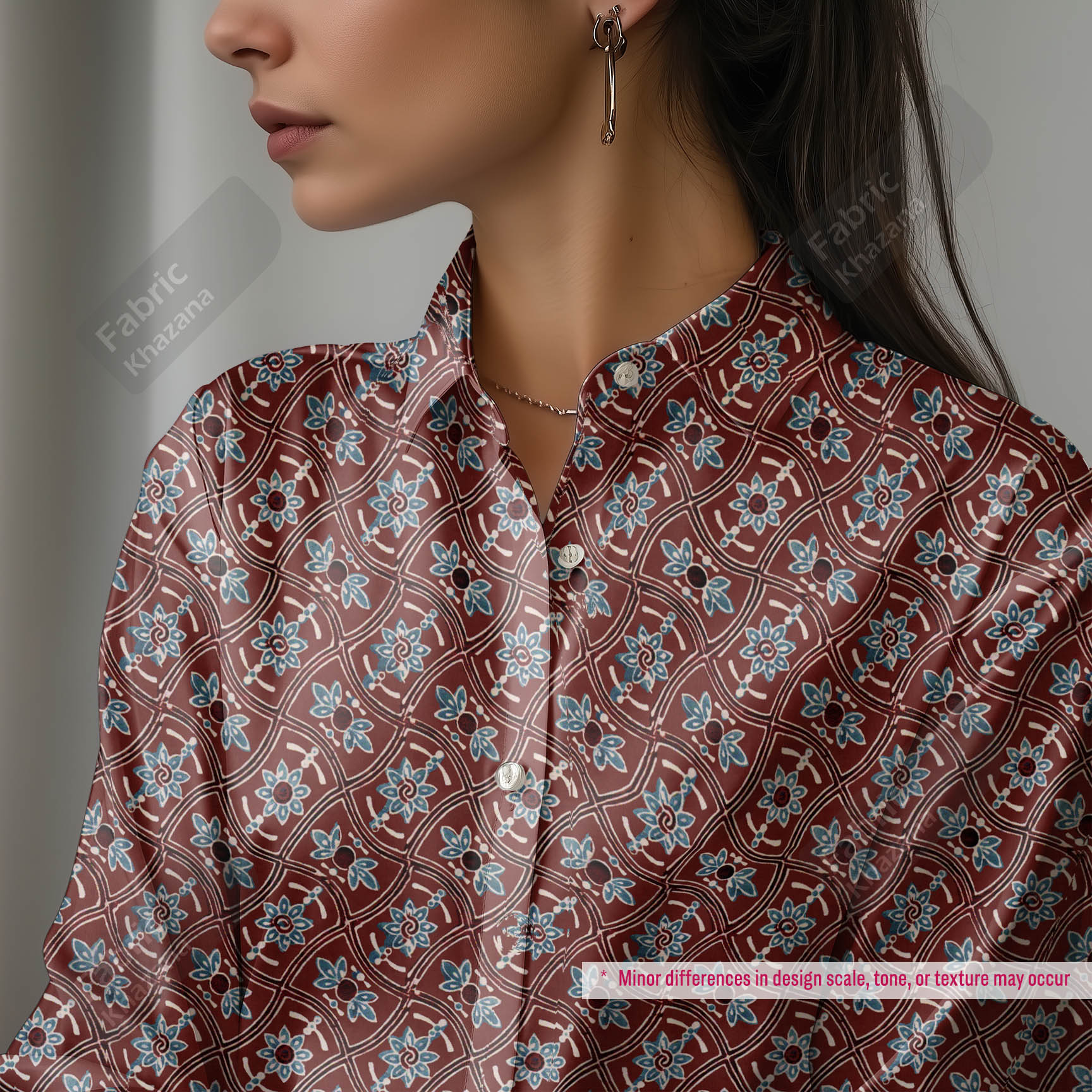 Premium Maroon Printed Polyester Fabric with Blue and Beige Floral Pattern