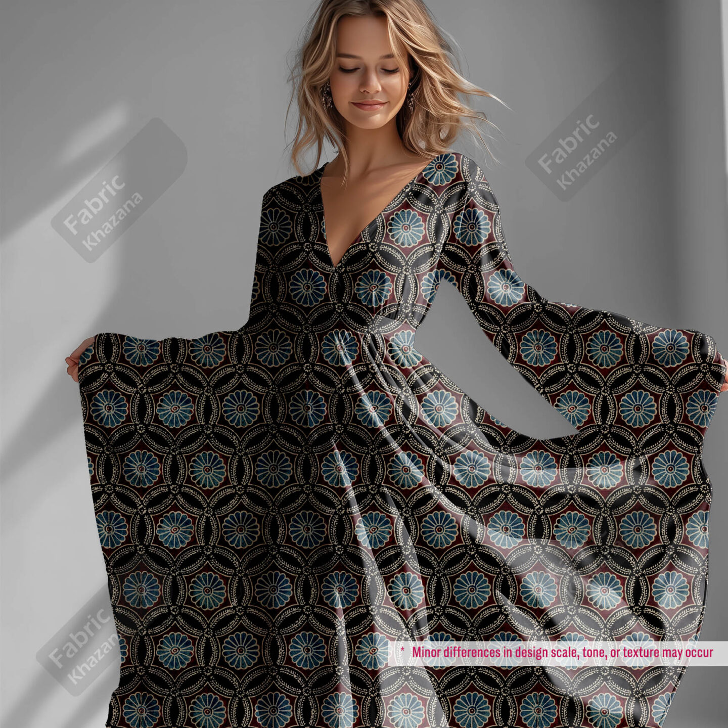 Premium Maroon Printed Polyester Fabric with Blue & Beige Floral Motifs