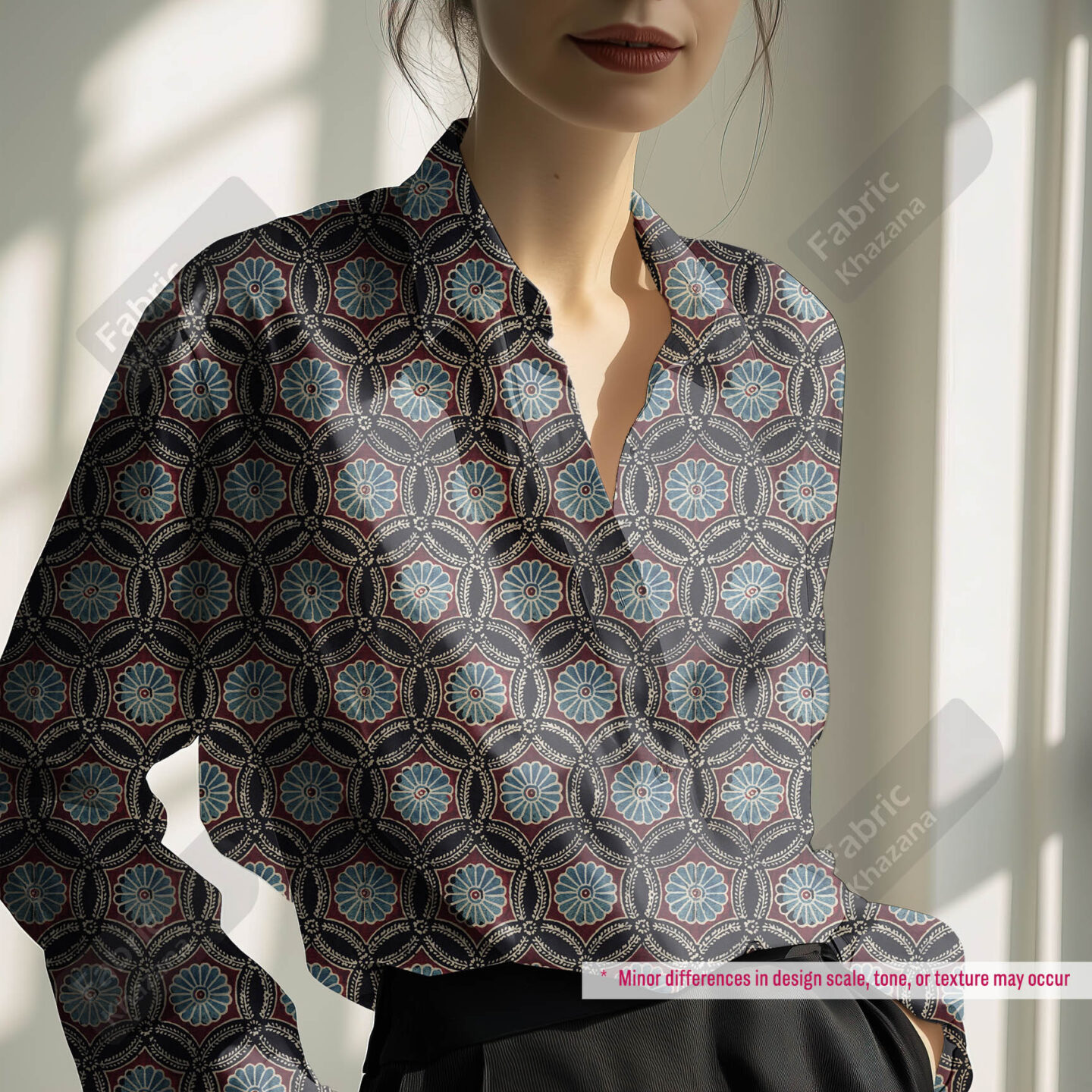 Premium Maroon Printed Polyester Fabric with Blue & Beige Floral Motifs