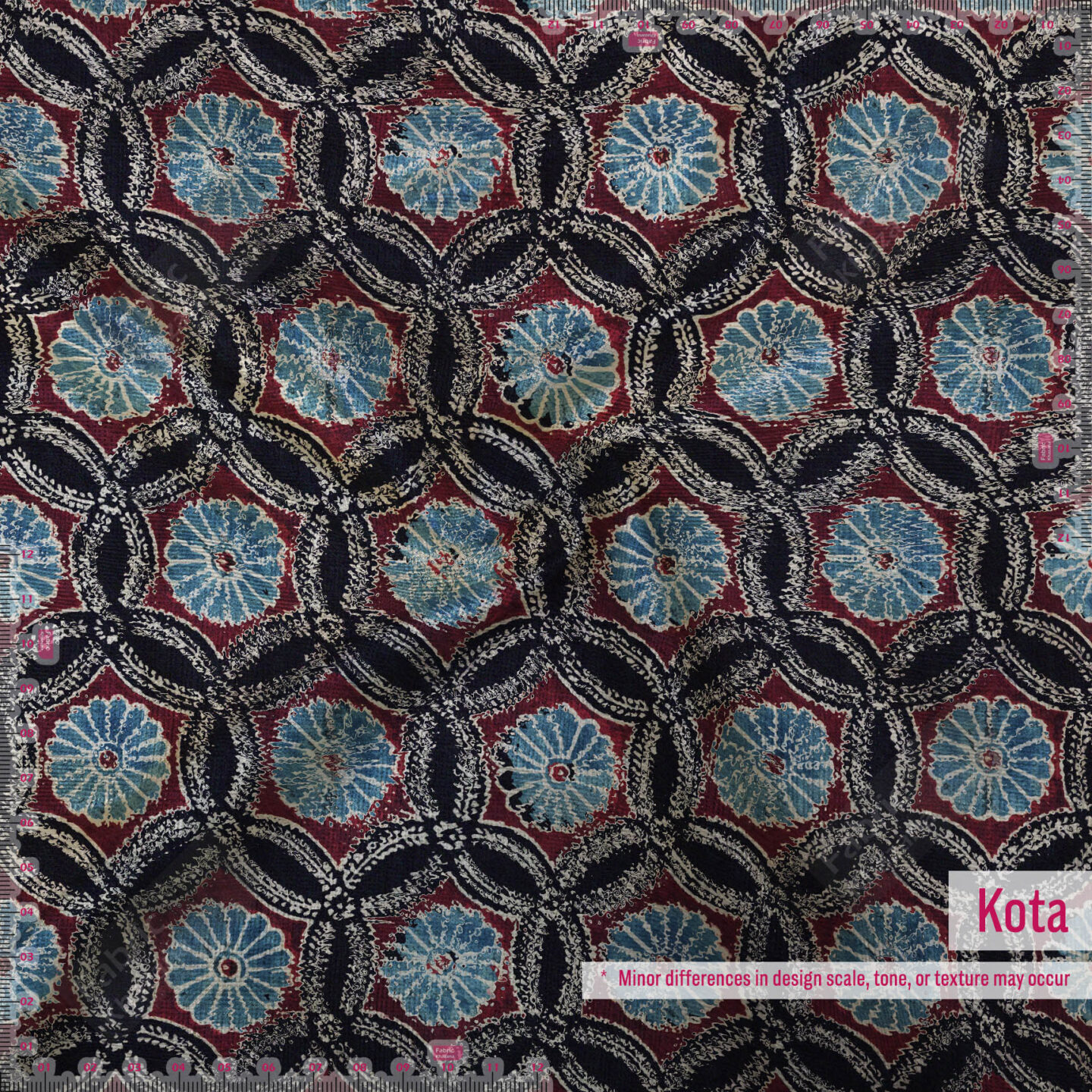 Premium Maroon Printed Polyester Fabric with Blue & Beige Floral Motifs