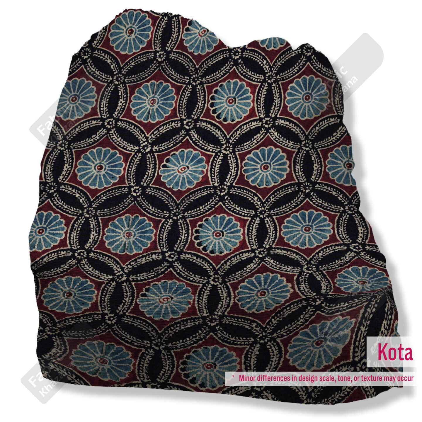 Premium Maroon Printed Polyester Fabric with Blue & Beige Floral Motifs