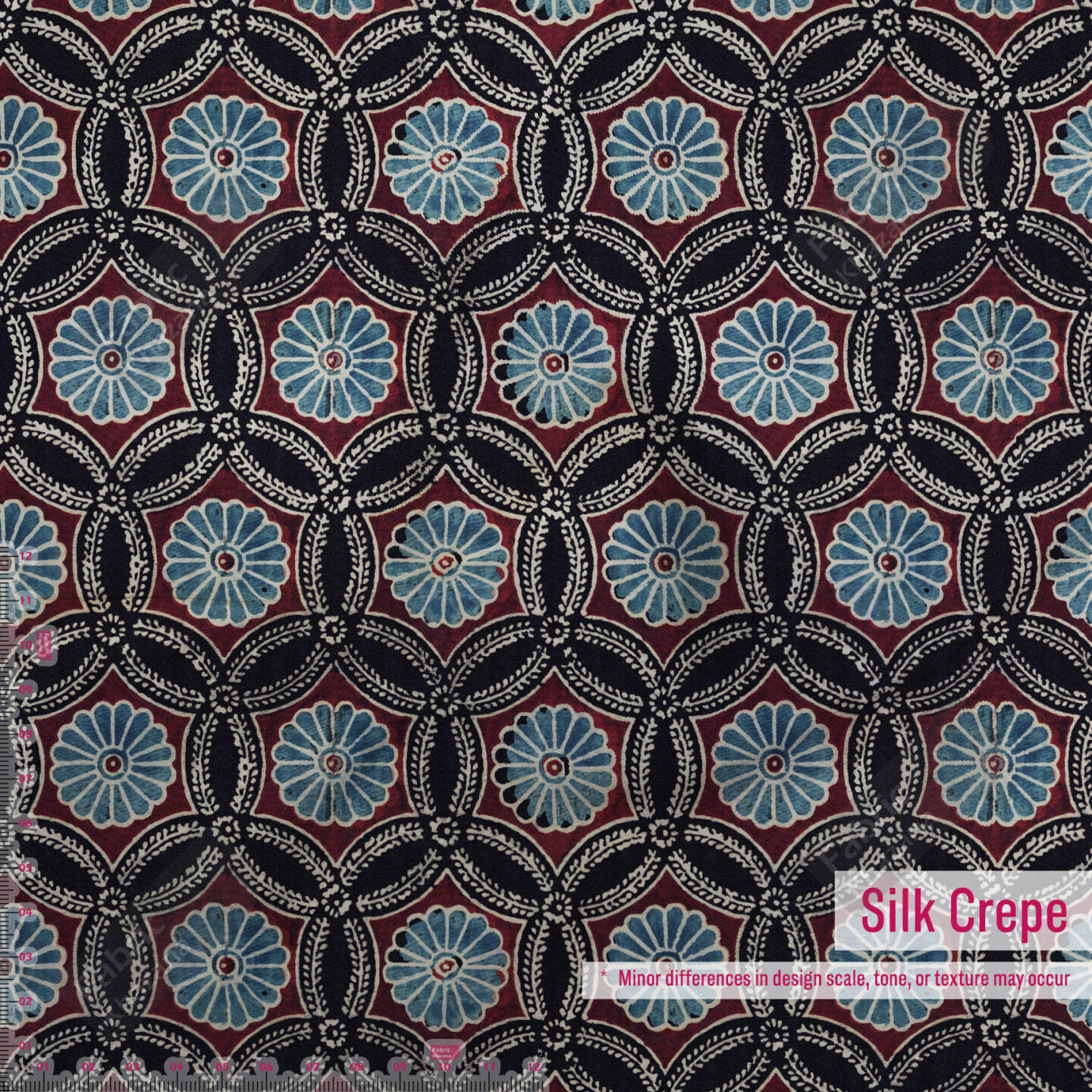 Premium Maroon Printed Polyester Fabric with Blue & Beige Floral Motifs
