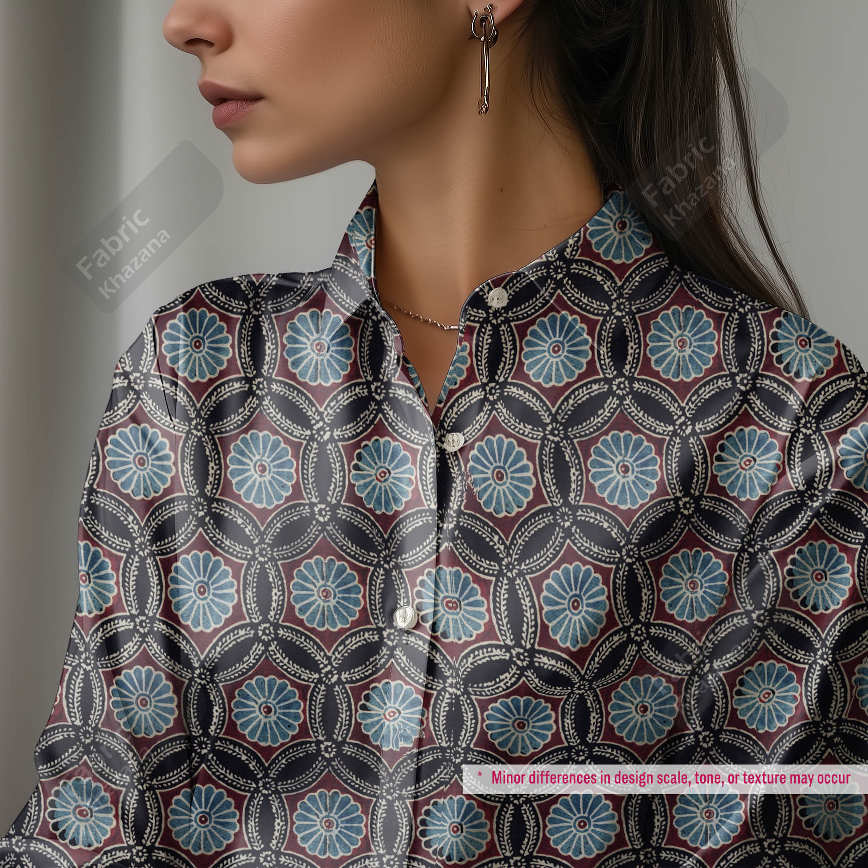 Premium Maroon Printed Polyester Fabric with Blue & Beige Floral Motifs