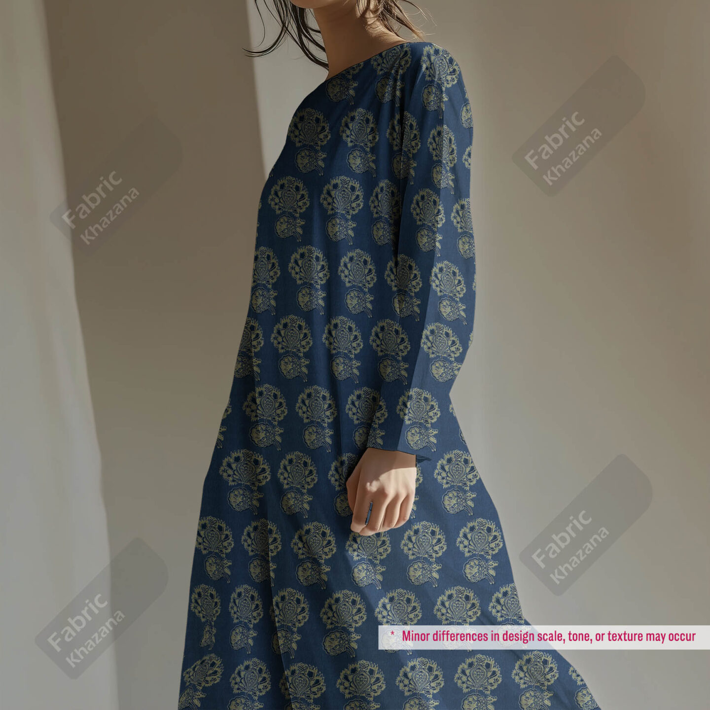 Premium Navy Blue Polyester Fabric with Gold Floral Buti Design