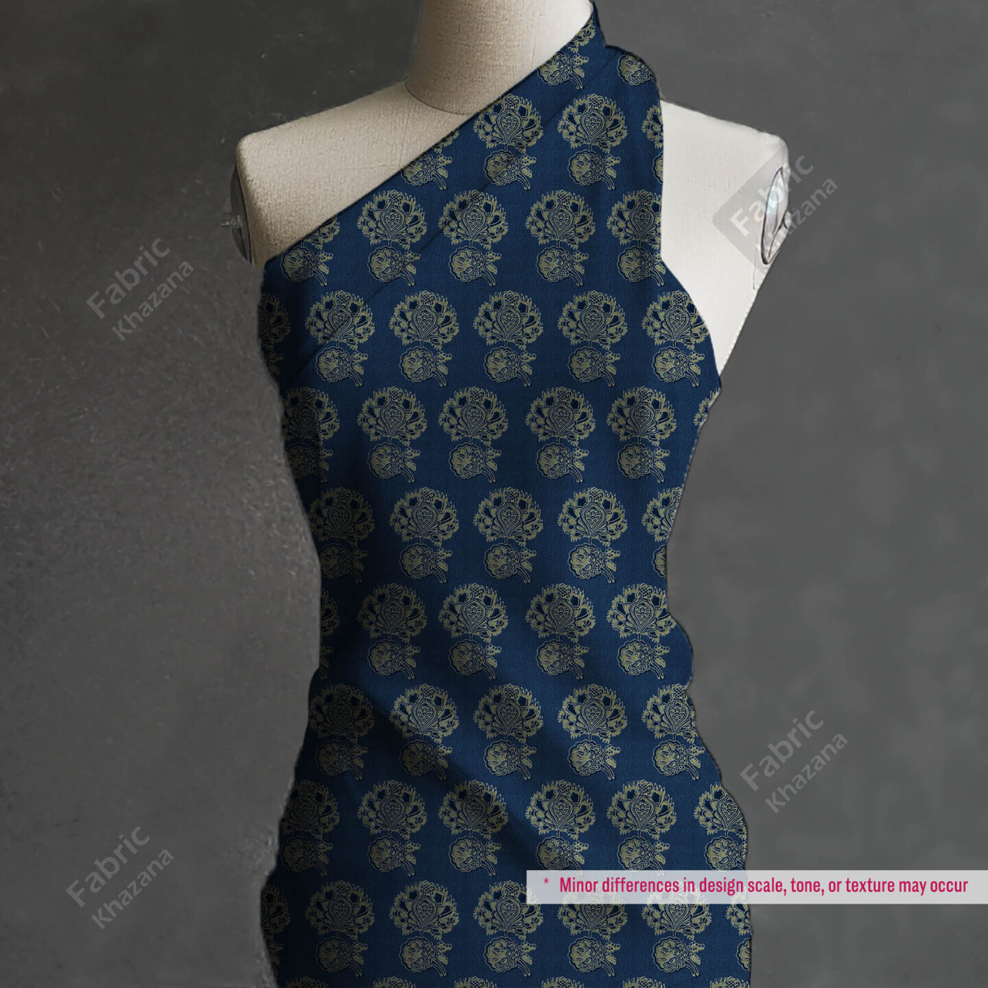 Premium Navy Blue Polyester Fabric with Gold Floral Buti Design