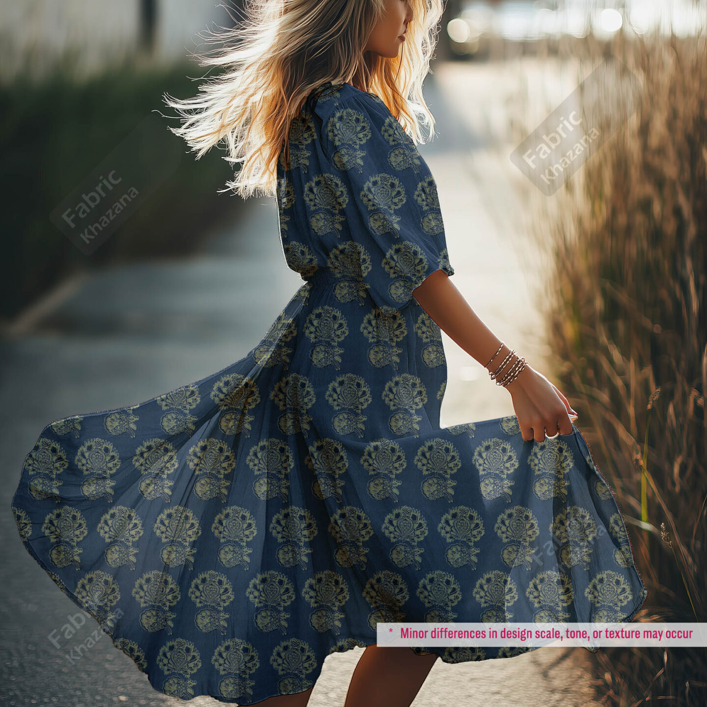 Premium Navy Blue Polyester Fabric with Gold Floral Buti Design