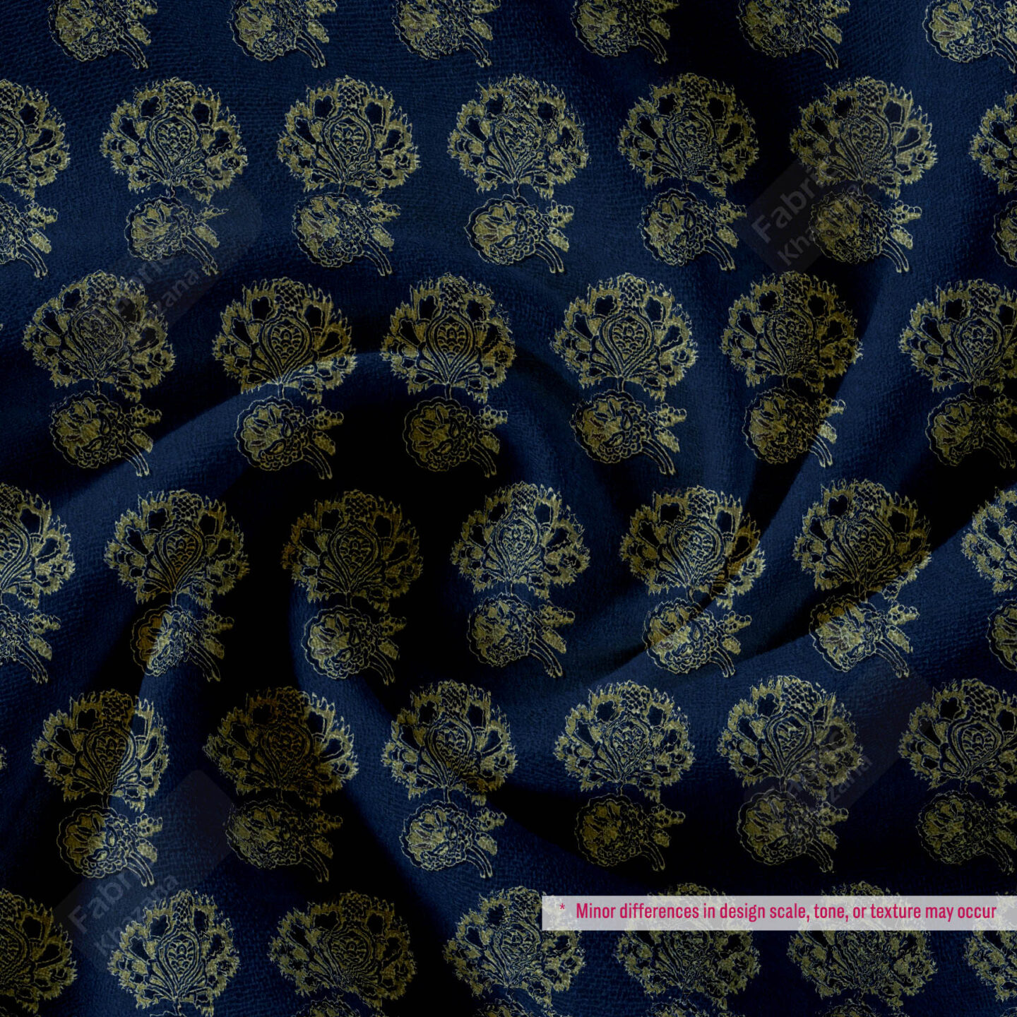 Premium Navy Blue Polyester Fabric with Gold Floral Buti Design